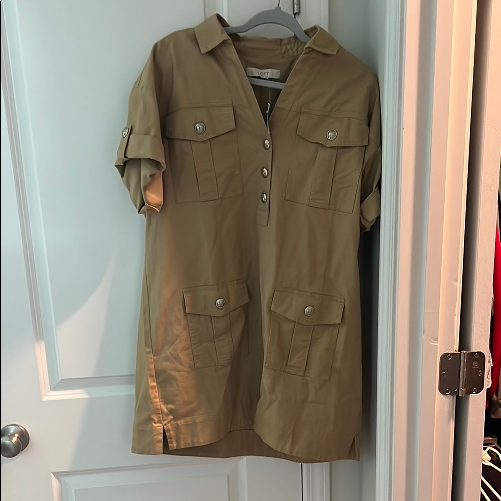 NWT! Loft size large women’s Tan Button Shirt Dress 100% cotton